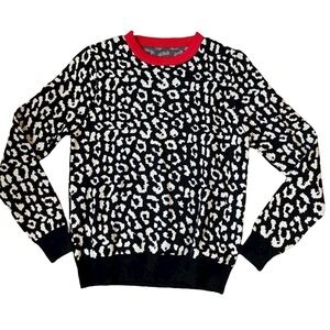 Soliaten Leopard Print Knit Sweater Women XS Black White Red Long Sleeve NWT